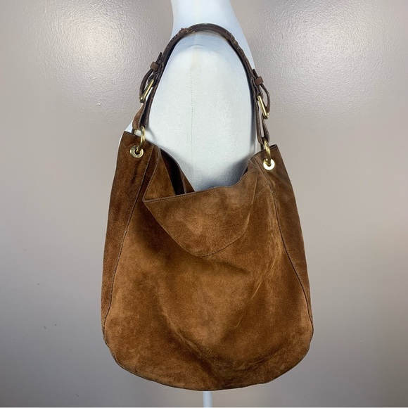 Ralph Lauren Suede Slouchy Hobo Shoulder Bag Logo Gold Plated Accent - Picture 3 of 14